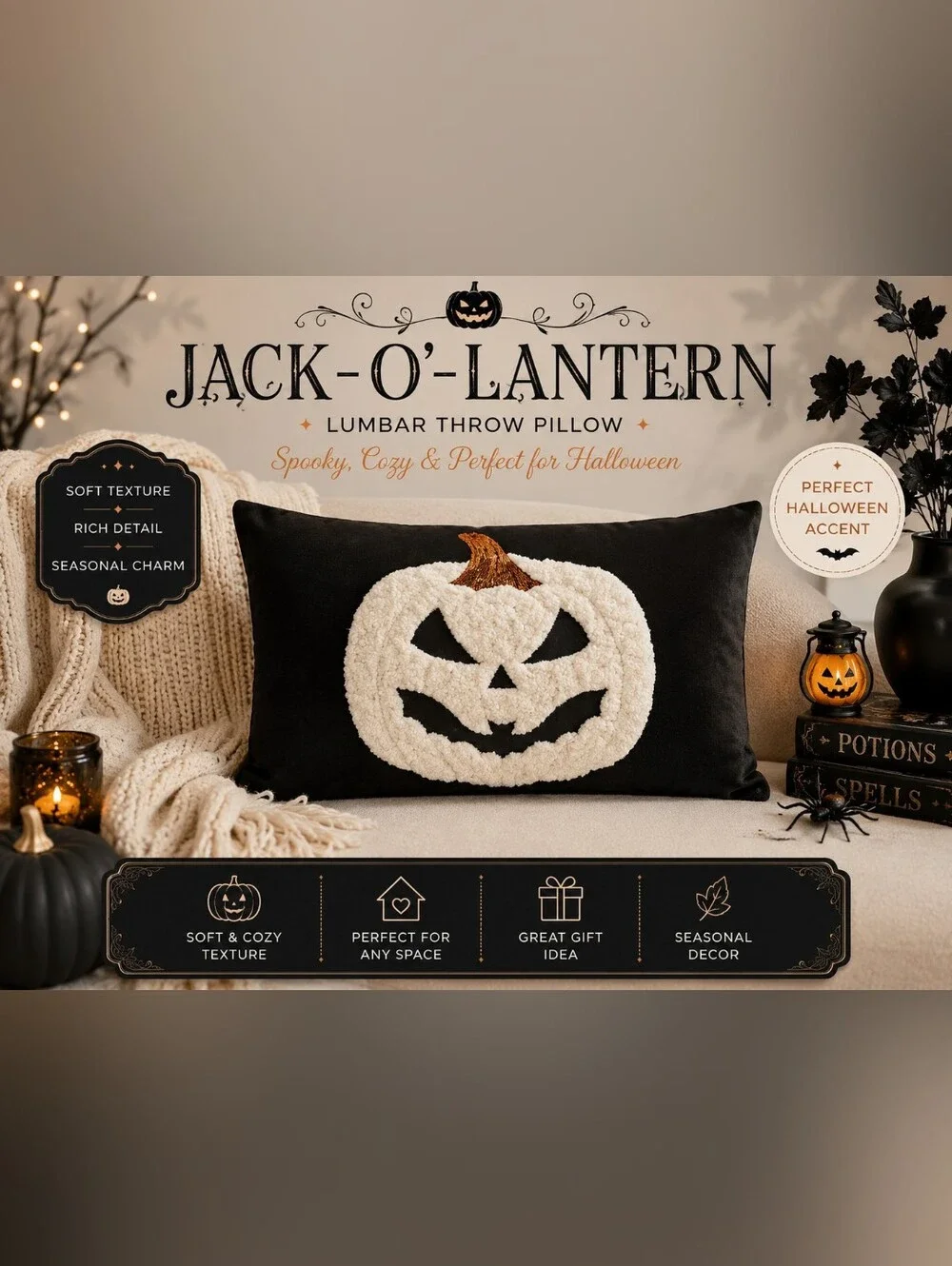 Black Jack-O'-Lantern Lumbar Throw Pillow With Insert